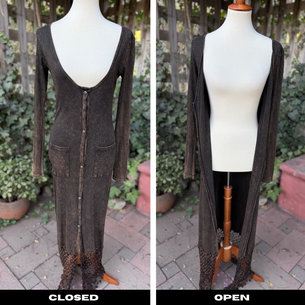 VTG T Party Y2K Duster Cardigan Maxi Dress Size S Brown Mineral Wash Fairycore